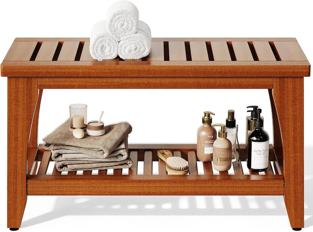 30" Premium Solid Teak Shower Bench with Storage Shelf - 450 lbs Capacity, Waterproof & Non-Slip Seat for Bathroom, Poolside, Spa