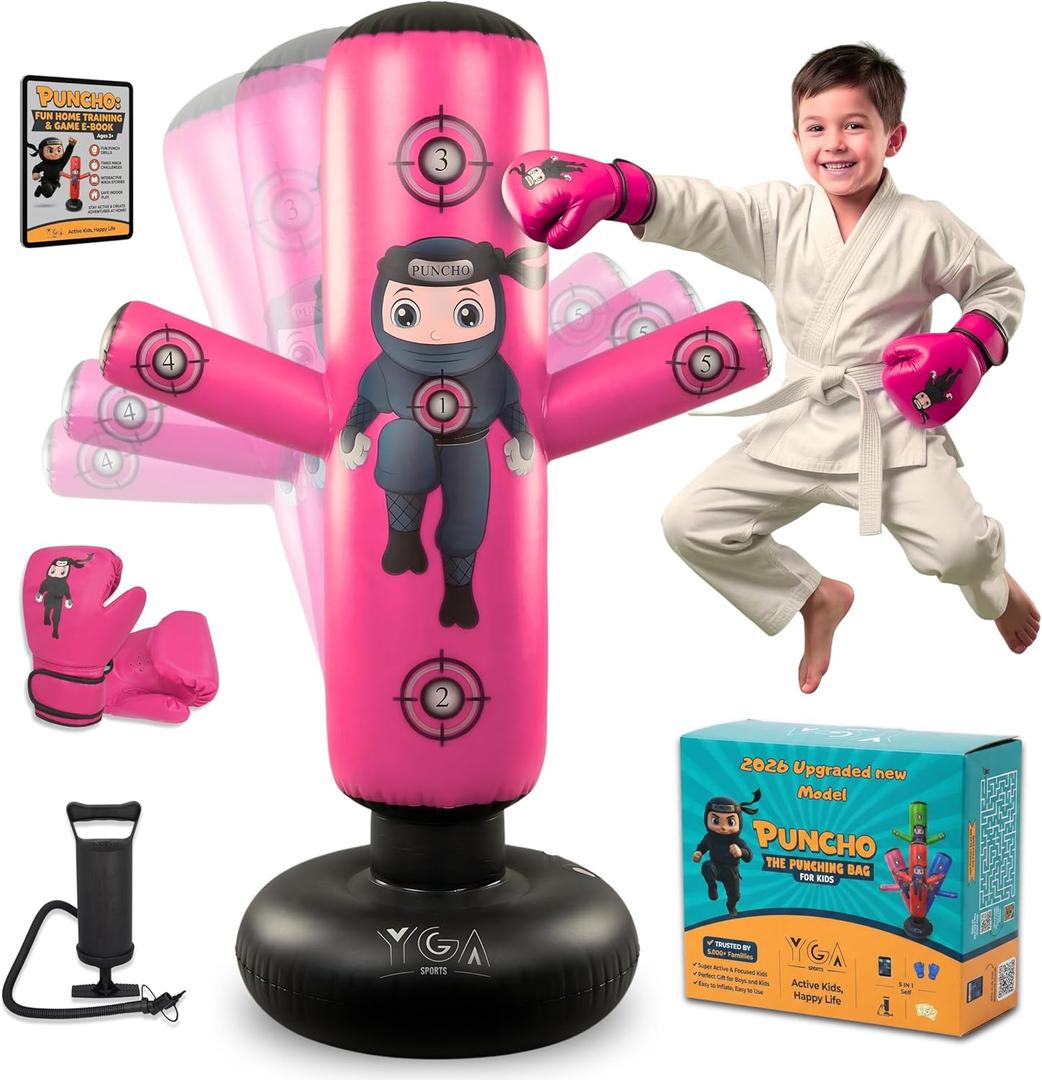 PUNCHO Punching Bag for Kids - 63" Kid Boxing Bag Set & Birthday Gift: Kids Punching Bags 3-8 with Gloves, Pump, PUNCHO eBook - Inflatable Punching Bag for Kid 8-12 with 5 Targets for Speed Boxing (Pink)