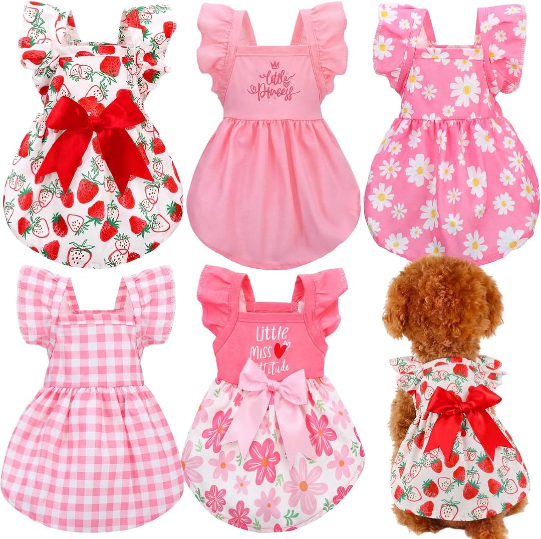 Abbylike 5 Pcs Dog Dress Floral Daisy Plaid Bowknot Dog Clothes Cute Summer Puppy Dresses Outfits Soft Apparel for Pets Cats Female(Pink Sweet,Large)