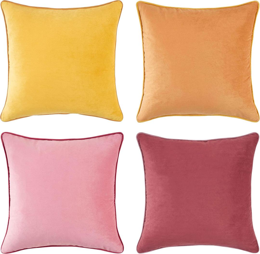 MONDAY MOOSE Decorative Throw Pillow Covers Cushion Cases, Set of 4 Soft Velvet Modern Double-Sided Designs, Mix and Match for Home Decor, Pillow Inserts Not Included (18x18 inch, Yellow/Pink) (18" x 18" (Pack of 4))