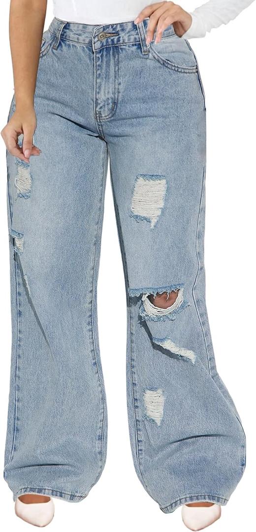 IbuduSexy Women's Mid Waisted Wide Leg Distressed Jeans Ripped Retro Denim Pants (B-light Blue)