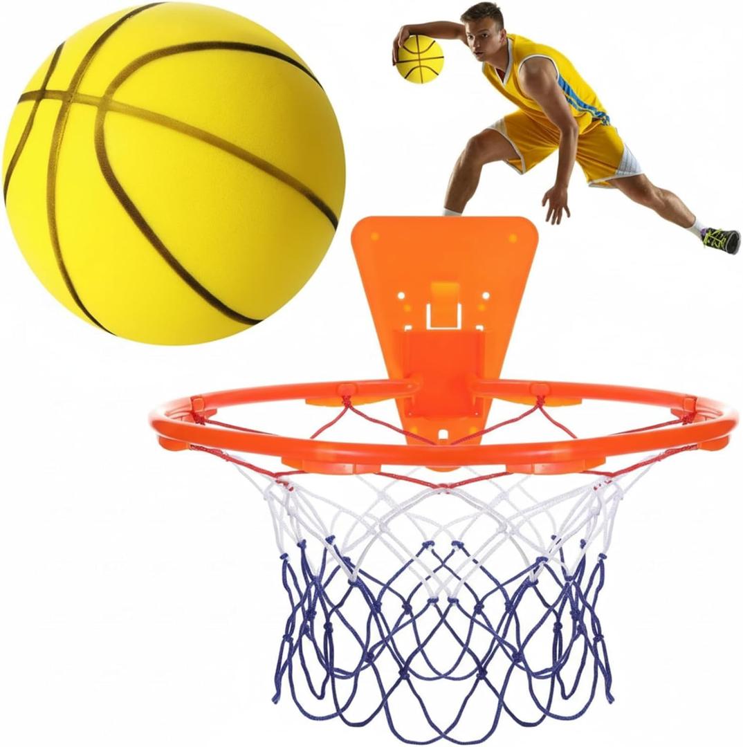 Silent Basketball and Hoop Set Soft Foam Indoor Basketball No Noise for Indoor Dribbling and Shooting Practice Ideal for Teens Adults (Size 7, Yellow)