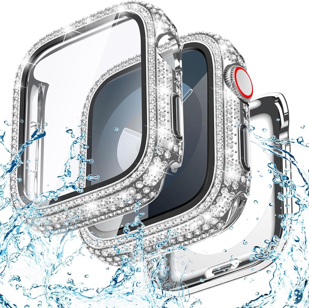Goton 2-in-1 Waterproof Bling Case Compatible for Apple Watch Screen Protector 40mm 41mm 42mm 44mm 45mm 46mm Ultra 49mm Series 10 9 8 7 6 5 4 SE 2, Glitter Rhinestone Face Cover for iWatch Accessories (Silver)