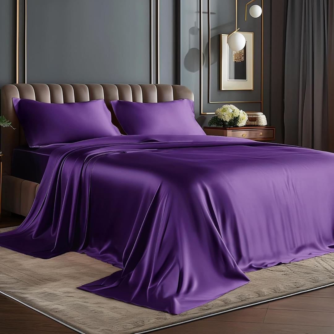 BEDELITE Satin Sheets Queen Size Bed Set, Luxury Soft Plum Purple Sheets for Hair and Skin, Similar to Silk Bed Sheets Set 4 Pieces with 1 Deep Pocket Fitted Sheet, 1 Flat Sheet, and 2 Pillowcases