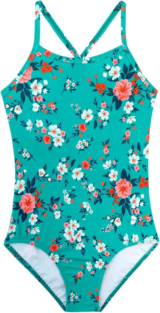 Girls Swimsuit One Piece Bathing Suit with Adjustable Straps Cute Little Kids Swimming Suits Beach Swimwear 4T-12 (10, Green Floral)