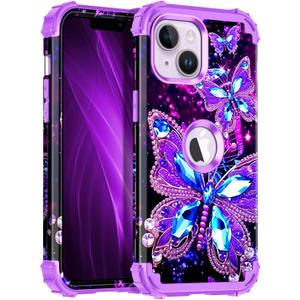 Hekodonk for iPhone 13 Case/iPhone 14 Case,Glow in The Dark Three Layer Heavy Duty Shockproof Protection Hard Plastic+Soft Silicone Full Body Drop Protective Case for Apple iPhone 13/14,All Purple