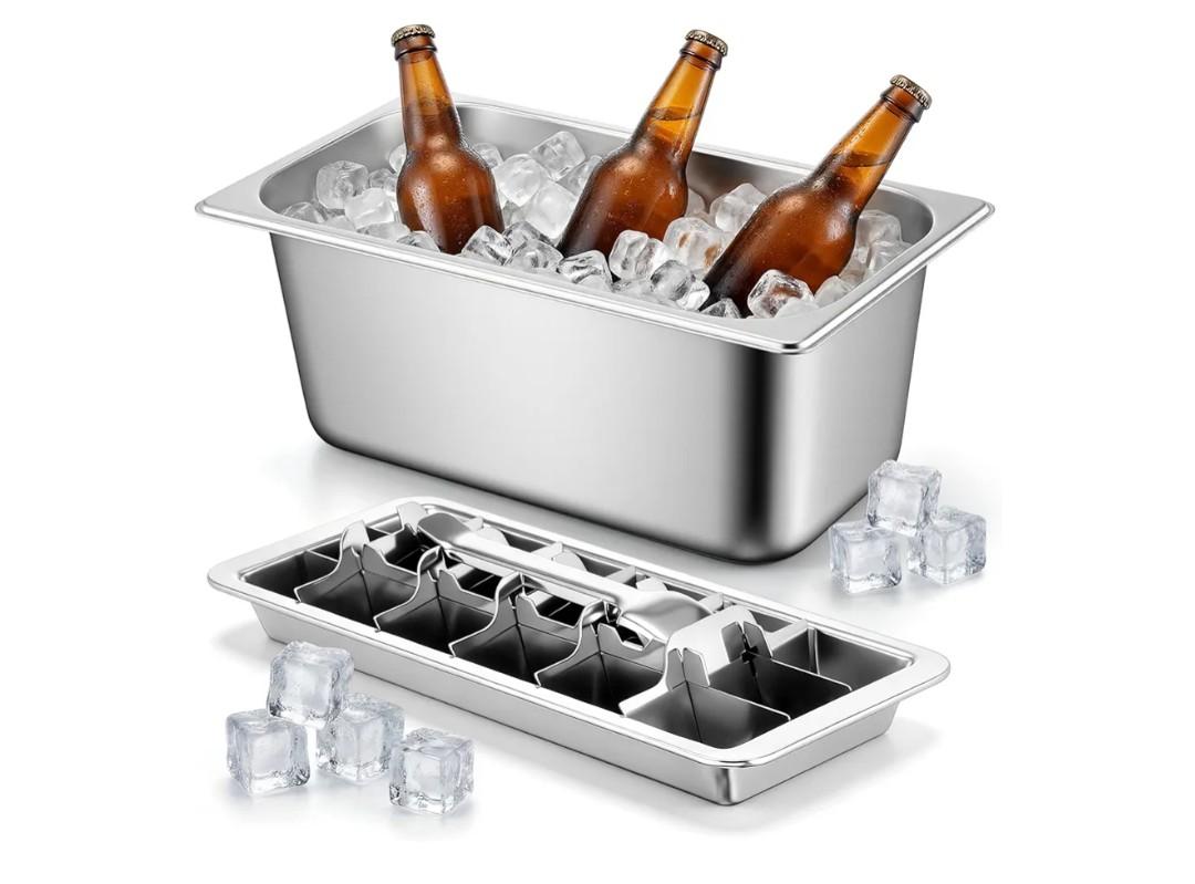 Baderke Stainless Steel Ice Cube Tray Ice Bucket 18 Slot Heavy Duty Metal Icecube Mold Wine Beer Champagne Bucket Container for Bars Parties Picnics