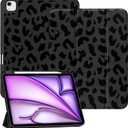 Compatible with iPad Air 13 Inch M3 2025/M2 2024 Case with Pencil Holder TPU Back Case Auto Sleep/Wake Cover with iPad Pencil Charging Cute Women Men Girls-Black Purple Leopard Cheetah