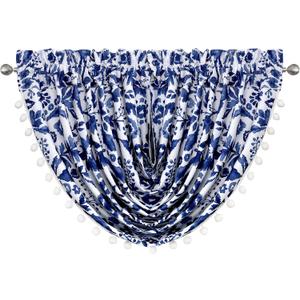 DriftAway Julia Waterfall Watercolor Blooming Flower Thermal Insulated Energy Saving Window Curtain Valance for Living Room Bedroom 2 Layers Rod Pocket 52 Inch by 18 Inch Plus 2 Inch Header Navy