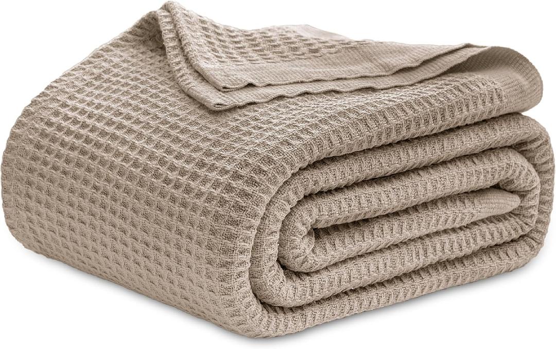 Bedsure Gentlesoft 100% Cotton Blanket Queen Size for Bed - Cooling Breathable and Soft for Summer, Thick Cozy Waffle Weave Blanket Gifts for Women, Taupe, 90x90 Inches
