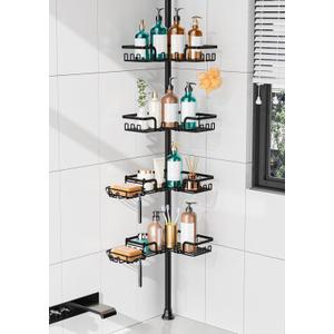 KEGII 2-in-1 Soap Holders x 2 & 32 Hooks Shower Caddy Tension Pole, Stainless Steel Adjustable Corner Shower Organizer for Bathroom, 25114.2 Inches, Black