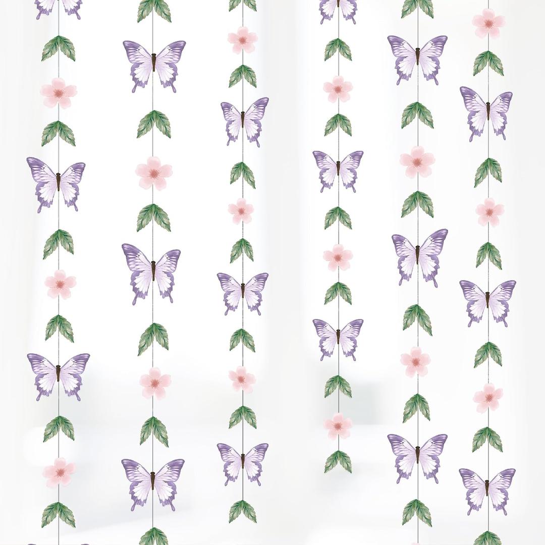 Cheerland Butterfly Garland Garden Decoration Floral Banners Decor Hanging Flower Purple Butterflies Streamers for Birthday Baby Shower Bridal Wedding Classroom Enchanted Fairy Tea Party Supplies