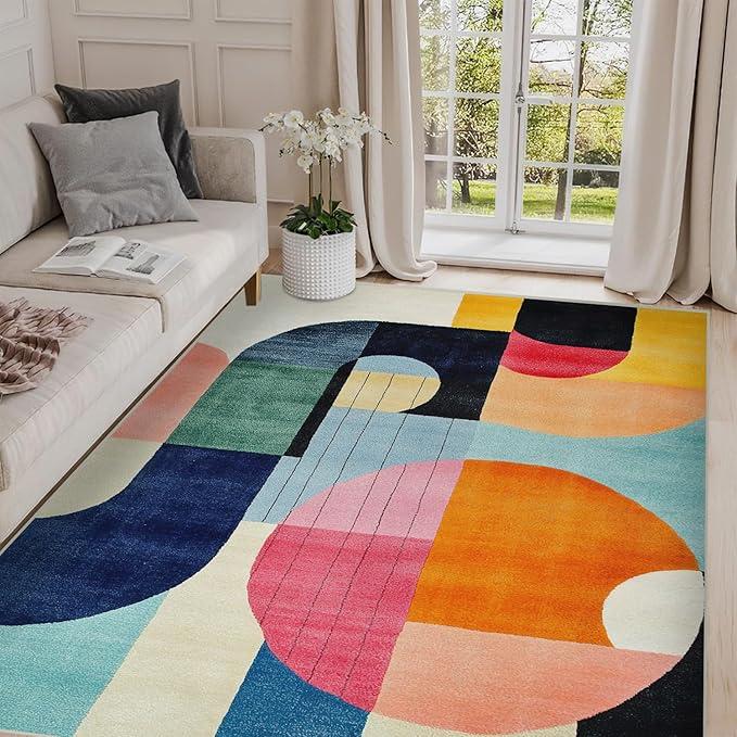 5x7 Colorful Area Rug Modern Abstract Orange Yellow Pink Blue White Beige Black Bedroom Rug Low Pile Thin Large Carpet Living Room Non Slip Dining Room Stain Resistant Office Washable Machine