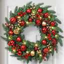 Christmas Wreath with Lights, 20 Inch Christmas Wreaths for Front Door, Large Winter Door Wreath with Ball Ornaments, Berries and Norfolk Pines, Xmas Decor for Indoor Outdoor Wall Windows