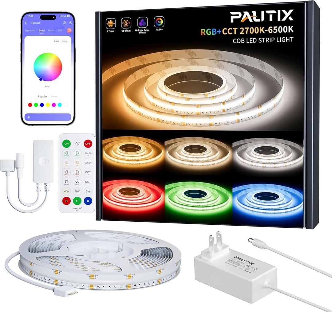 PAUTIX COB LED Strip Lights,20ft RGB+CCT 2700K-6500K White LED Lights,Dimmable Color Changing RGB LED Strip Light,with Remote/APP Control,for Kitchen Cabinets,Ceiling,Party DIY Lighting Projects