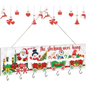 Maitys Christmas Stocking Organizer with 7 Hangers Wooden Sign Xmas Mantel Snowmen Wall Mount Hanging Hooks for Wall Mantel