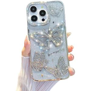Compatible for iPhone 14 Pro Max Case with Luxury Glitter Plating Cute Butterfly Rhinestone Sparkly Design Aesthetic Women Girls Shiny Bling Camera Protective Cover-Sliver