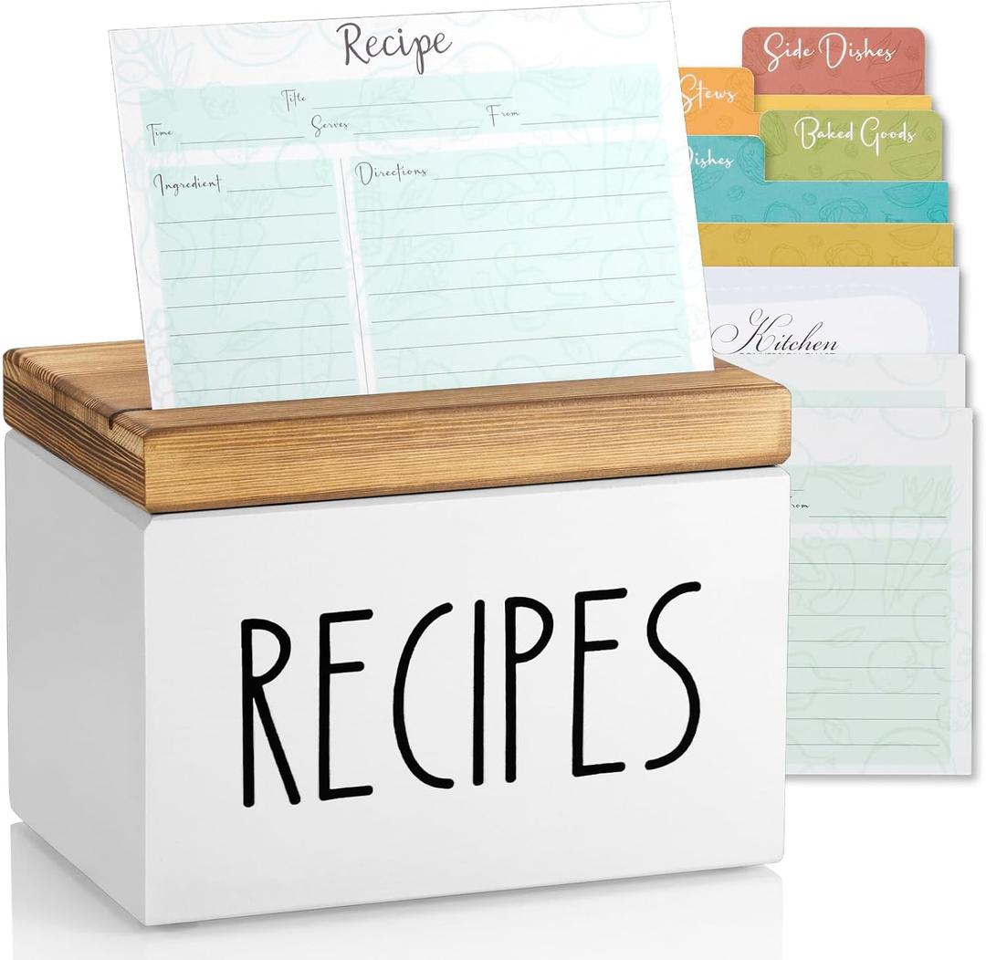 Recipe Box, Wood Recipe Card Box Set, Recipe Box with 100 Cards and 6 Dividers,4x6 Recipe Organizer, Recipe Card Holder, White