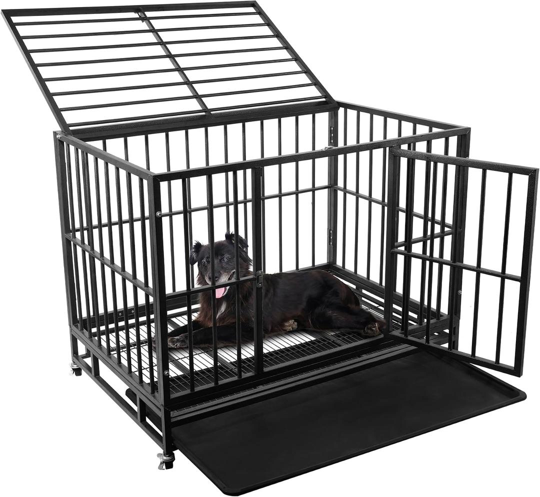 Elevon 42 inch Heavy Duty Dog Crate with Lockable Wheels, Escape Proof Dog Crate cage Kennel for Large Dogs, High Anxiety Indestructible Dog cage, Double Door and Removable Tray