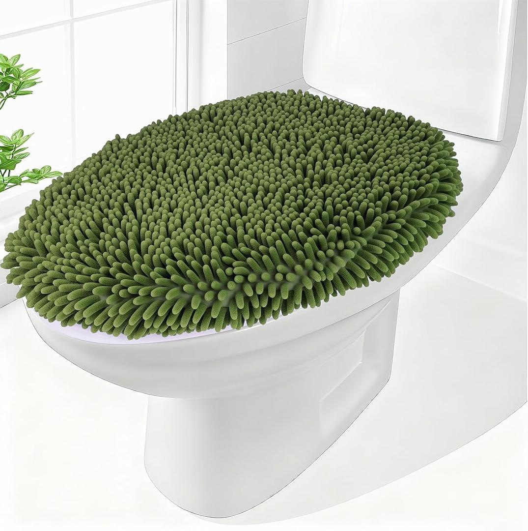 Chenille Elongated Toilet Seat Cover 19.5"x 15" Machine Washable Solid Toilet Lid Cover Adjustable Rubber Backing Fits Only 18-19.5" L x 14-16" W Elongated Toilet Seat