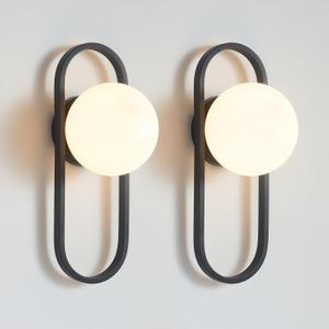 Bektas Wall Sconces, Set of 2, Matte Black, Modern Light Fixture with White Globe Glass Shade, Wall Lighting for Living Room, Bedrooms