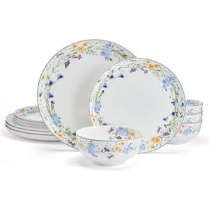Mikasa Quinn Lightweight Bone China 12 Piece Dinnerware Plate Bowl Set, Service for 4