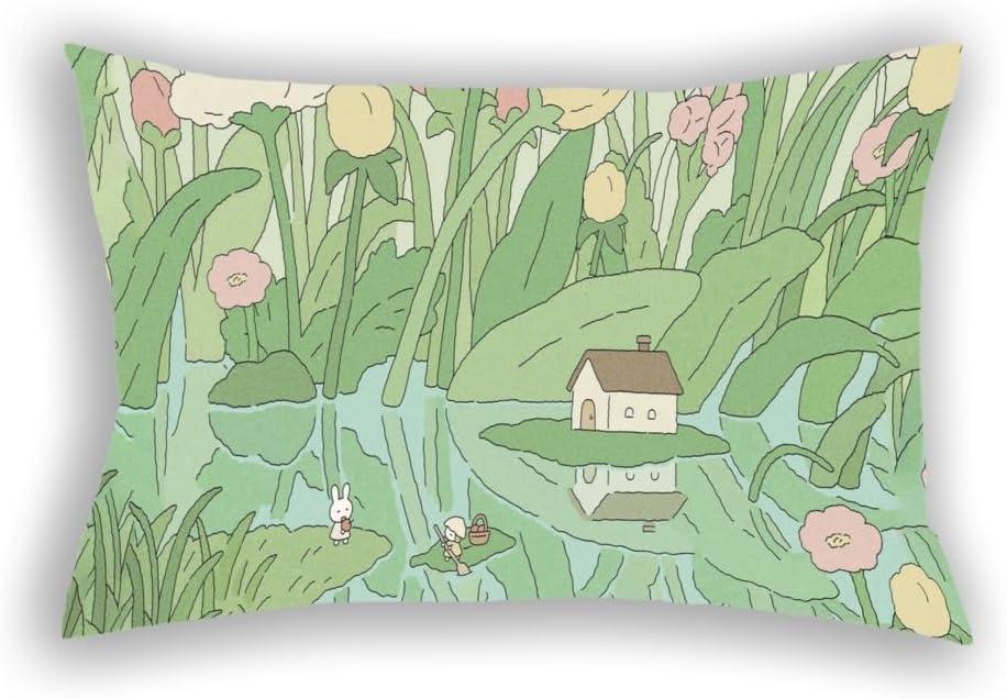 Kawaii Green Pillowcases Cute Pillow Case Japanese, Flowers and Plants Korean Home Decor Pillow Cases, Kawaii Anime Aesthetics Pillow Covers Decorative Pillowcase 20"x30" Inches