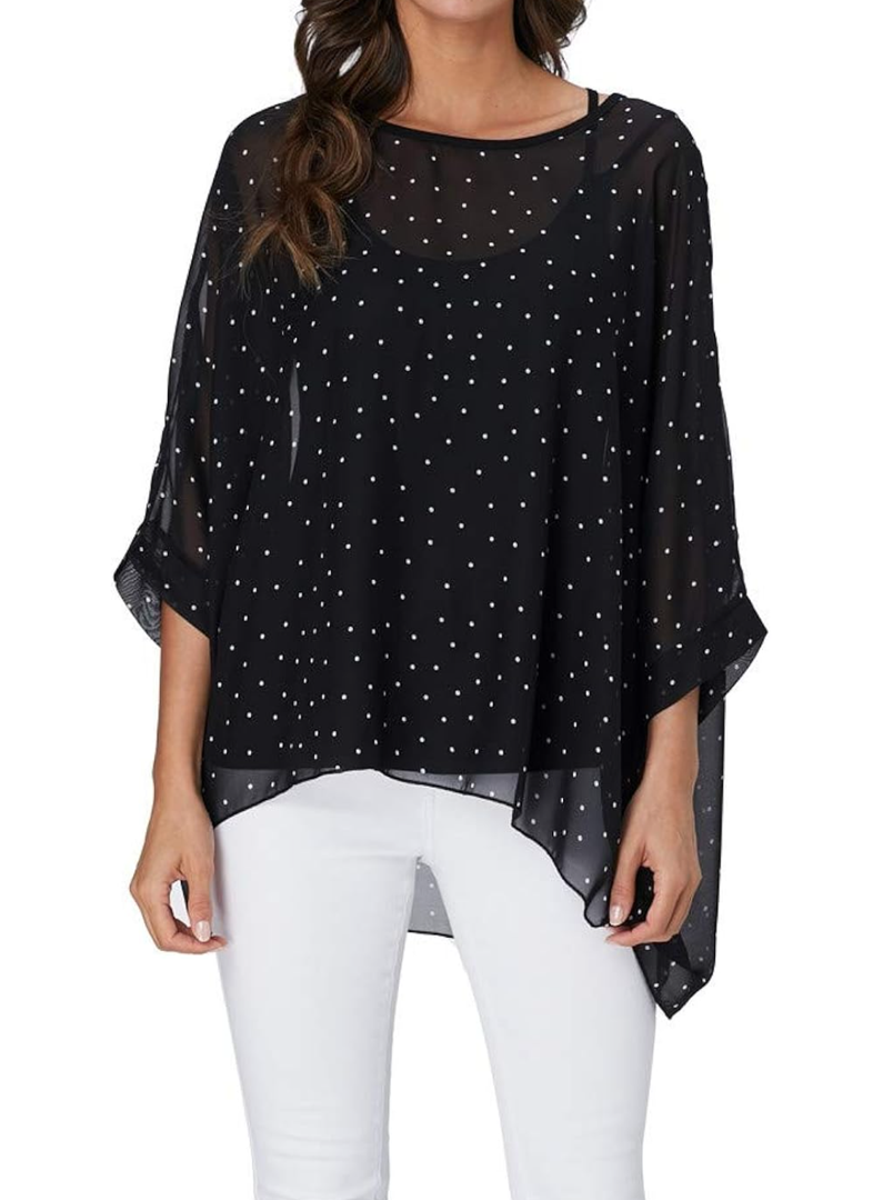 Womens Summer Printed Batwing Sleeve Top Chiffon Poncho Casual Loose Sheer Blouse Shirt L