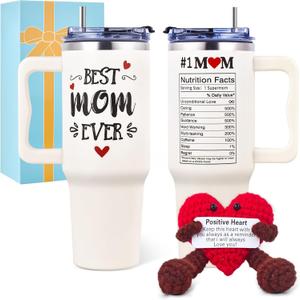 PINNORY Best Mom Ever Gift, 40 Oz Mom Tumbler & Handmade Heart Crochet Gifts Set, Best Mothers Day Gift for Mom from Daughter Son Kids, Funny Christmas Birthday Gifts for Moms Who Have Everything
