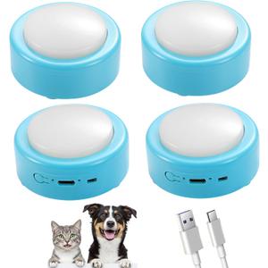Talking Buttons for Cats and Dogs, Set of 4 Blue Rechargeable Buttons with Voice Recording for Pet Communication, Puppy & Kitten Easy Press, Small Animal Speech