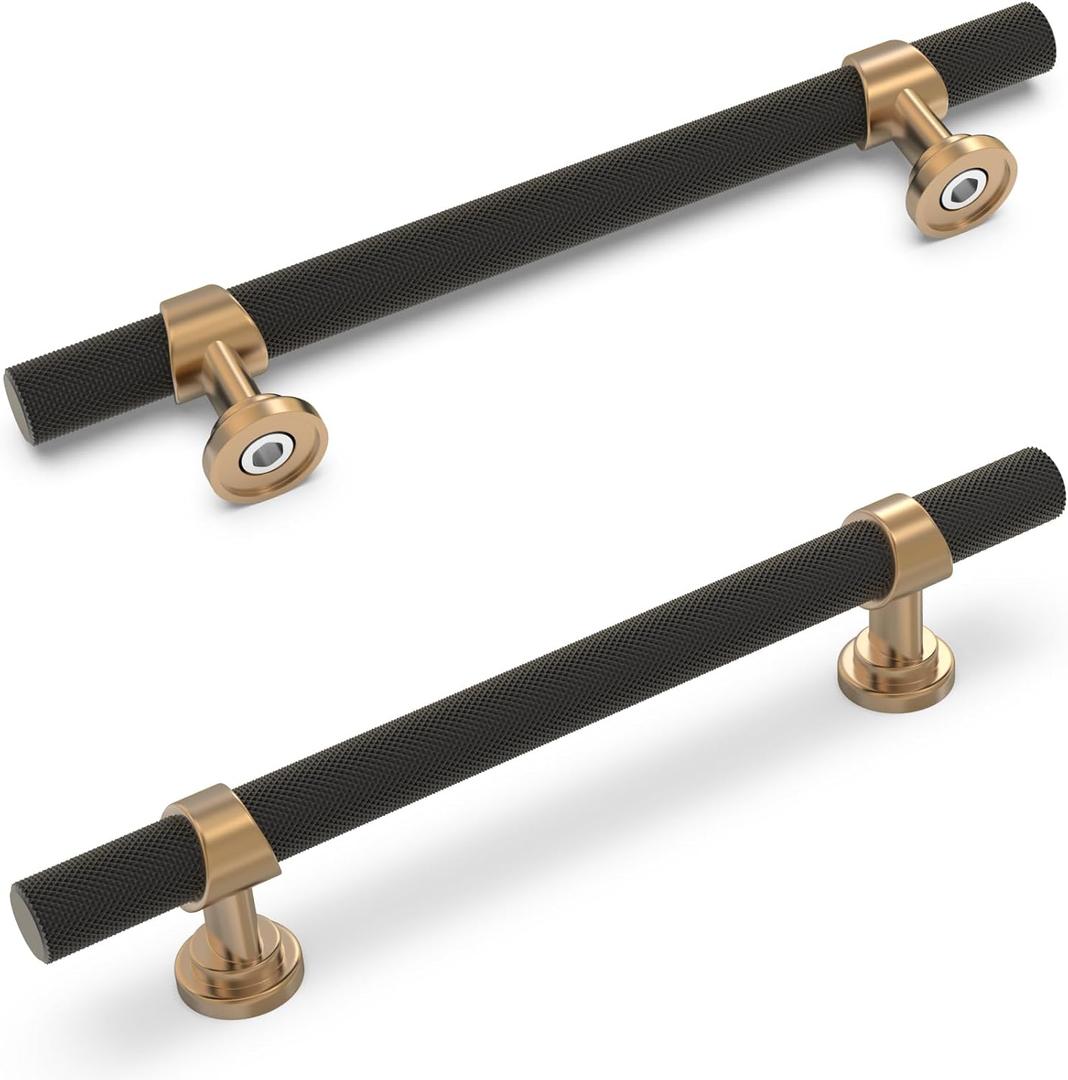 10 Pack 5 Inch Cabinet Pulls knurled Matte Black and Champagne Bronze Kitchen Cabinet Handles Aluminum and Zinc Alloy Drawer Pulls Solid Cabinet Hardware (5'' Hole Center(128mm))