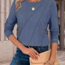 ATHMILE Womens Long Sleeve Shirts Pleated Crew Neck Casual Fall Fashion Ladie Tops Loose Fit Spring Basic Clothes Trendy, L (Blue)