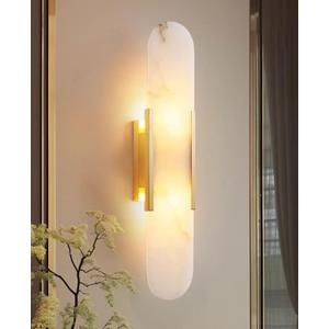 19.7" Alabaster Wall Sconce Natural Marble Sconce Indoor Mid Century Modern Wall Light Oval Stone Lampshade Vanity Light Fixtures for Living Room Bedroom Dining Room Hallway (Gold)