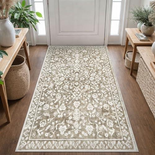 SILOLOOM Vintage 3x5 Washable Rug for Entryway, Super Soft Beige Taupe Entryway Rug Non-Slip, Printed Faux Wool Floral Neutral 3x5 Area Rug Thin Floor Carpet for Kitchen, Bedroom, Office, Living Room