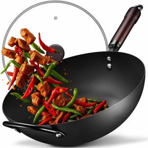 Wok, 13 Inch carbon steel woks & stir-fry pans nonstick, Pre-Seasoned 5.8QT Flat Bottom Chinese Wok Paella Pan with lid, Carbon Steel Cookware, Compatible with All Cooktops