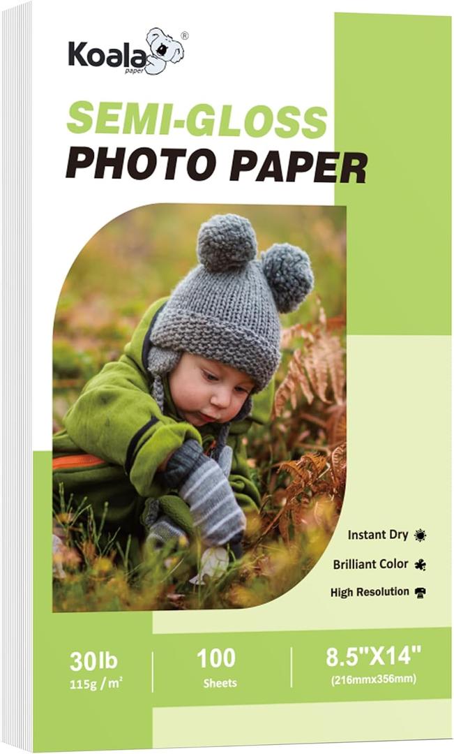 Koala Thin Semi-Glossy Photo Paper 8.5x14 Inches Legal Size 100 Sheets Compatible with Inkjet and Laser Printer for Brochure Flyer Printing 6Mil Use DYE INK 30LB