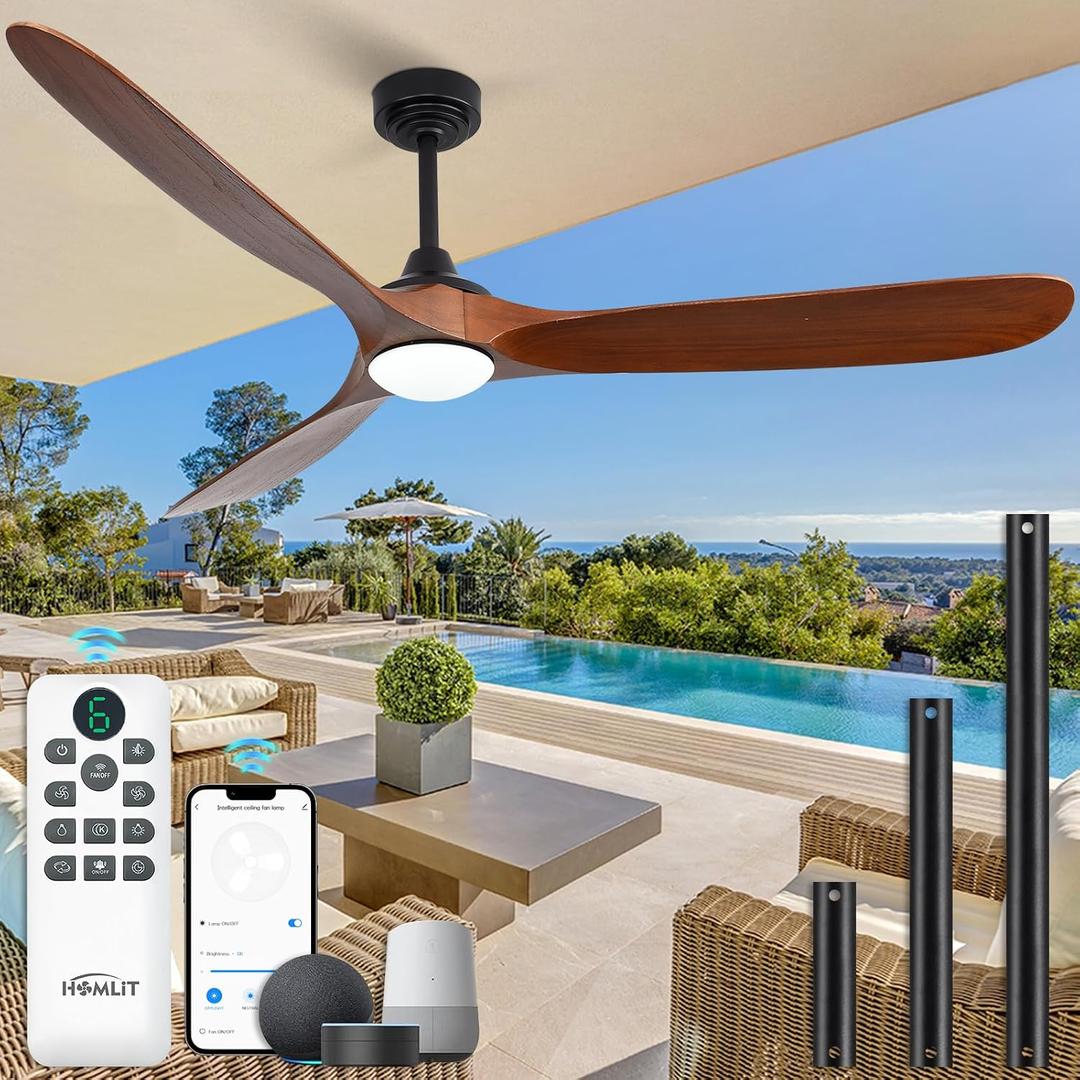 Ceiling Fan with Lights, 72'' Solid Wood Indoor/Outdoor Ceiling Fan with Quiet Reversible DC Motor, Control with WIFI Alexa App, 3CCT Dimmable, 6 Speeds Walnut Outdoor Fan for Patio Porch