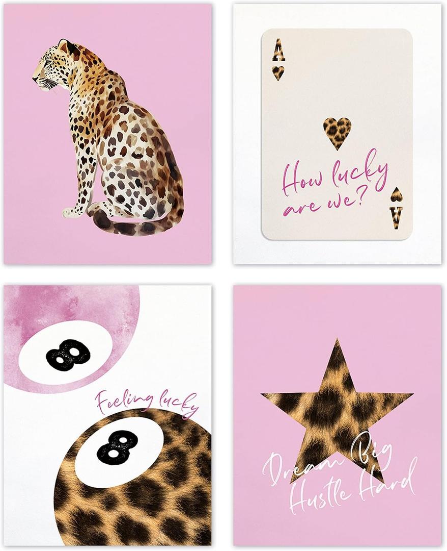TLESKE Pink Cheetah Preppy Posters Prints Unframed 8x10 Set of 4, Trendy Aesthetic Lucky 8 Balls Wall Art Prints Decor for Teen Girls Dorm Bedroom Living Room, Retro Cheetah Print Wall Picture, 10L" x 8W"