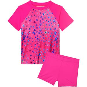 Snowheart Girls Swimsuit Short Sleeve Rash Guard with Shorts | For swimming, beach, pool parties. Super-soft, quick-drying, breathable. UPF 50+ sun protection.