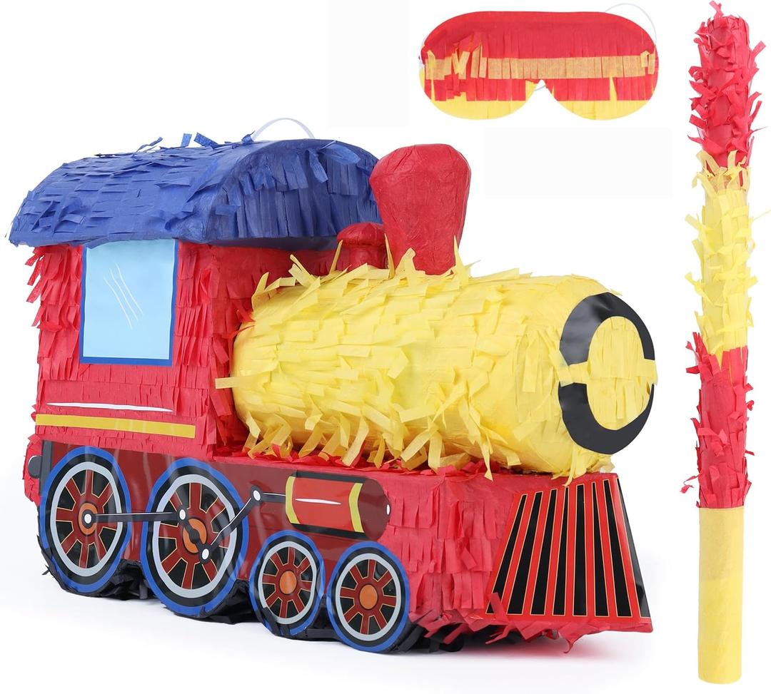 3D Train Pinata Bundle with a Blindfold and Bat (16x10.6x6.7 Inches), Train Pinata for Boys Birthday Party Supplies, Perfect for Birthday Party, Train Theme Party, Decoration