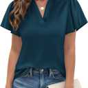 PRETTYGARDEN Women's 2026 Summer Satin Blouses Dressy Casual Ruffle Cap Sleeve V Neck Business Work Cute Tops Spring Outfits (Dark Blue)