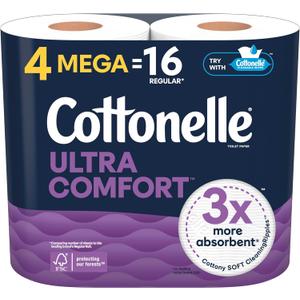 Cottonelle Ultra Comfort Soft Toilet Paper, 4 Mega Rolls = 16 Regular Rolls