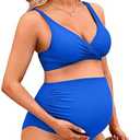 Charmo High Waisted Maternity Swimsuit Bikini Set V Neck Pregnancy Bathing Suits Push Up Two Piece Swimwear, Bright Blue  M