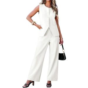 luvamia Vest Pants Suits for Women Dressy 2 Piece Business Casual Outfits Sleeveless Blazer Wide Leg Pants Pantsuit Sets (Medium, Cream White)