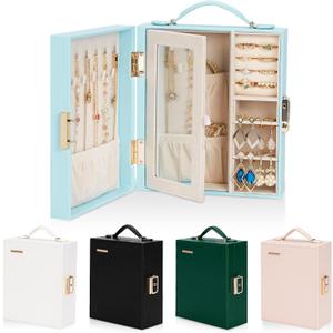 Travel Jewelry Case, Essentials for vacation, Portable Bangle Box with Mirror, PU Leather Small Watch Organizer for Rings, Earrings, Necklaces, Bracelets (Blue)