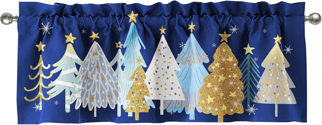 Christmas Window Valance Curtains Multi-Color Christmas Tree and Snowflake Motifs Seasonal Holiday Kitchen Home Decor 51x18 Inches(Blue)