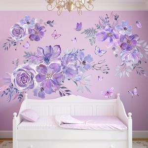 Amaonm 8 sheets of 12x24 inch Large 3D Colorful Flower Wall Decal Purple Red Flowers Plants Vine Wall Stickers Murals DIY Peel and Stick Rose Peony Floral Home Wall art Decor Wallpaper for Kids Girls