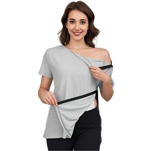 Women's Post Shoulder Surgery Tear Away Shirt Short Sleeve Side Snap Chemo Port Postpartum Shirts Adaptive Clothing (Gray, S)