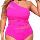 Aqua Eve Plus Size One Piece Swimsuit for Women Tummy Control Bathing Suits One Shoulder Swimwear (Pink, XXL)