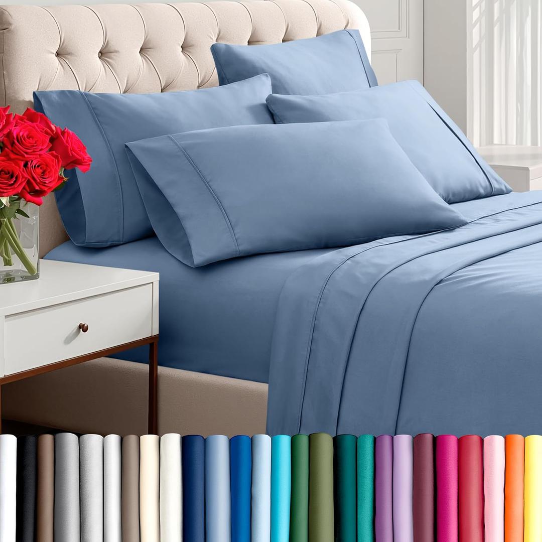 Bare Home Hotel Luxury Queen Sheet Set, Extra Soft - 6 Piece Set - Deep Pockets - Easy Fit - Cooling & Breathable - Wrinkle, Fade, Stain Resistant - Includes 4 Pillowcases (Queen, Coronet Blue)